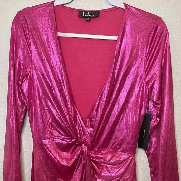 NWT Lulus Glow Like Me Hot Pink Metallic Twist-Front Long Sleeve Dress - Picture 4 of 13